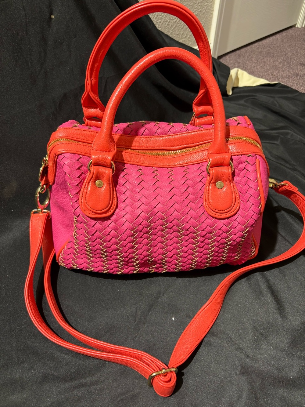 Deux Lux Hot Pink and Coral Woven Satchel with Shoulder Strap